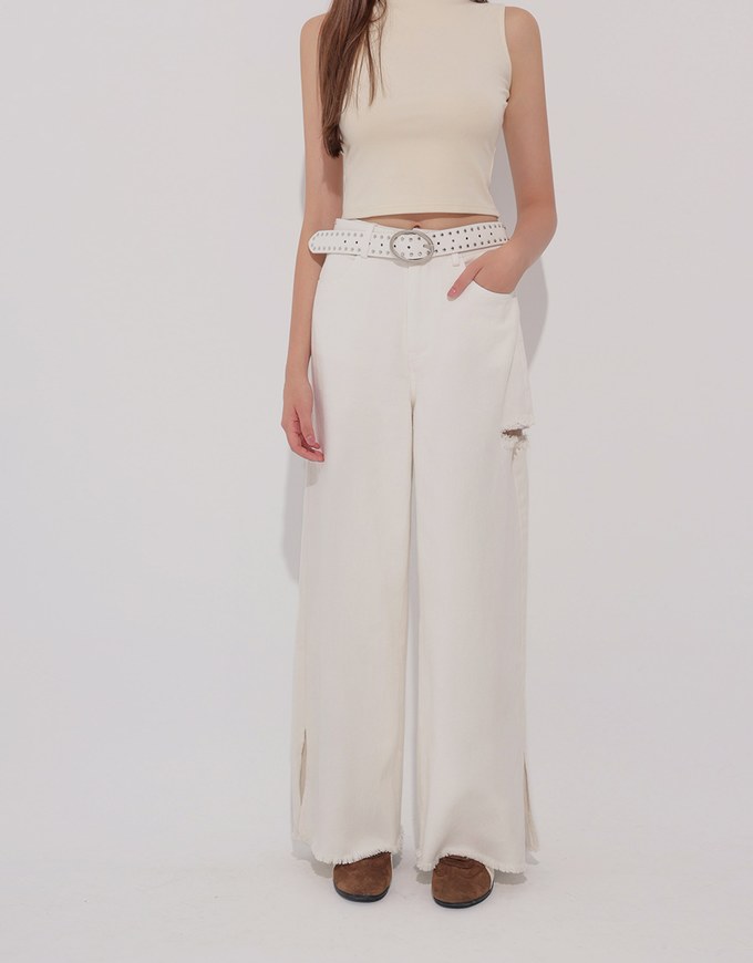 Frayed Hem Wide Leg Jeans Denim Pants with Distressed Detail