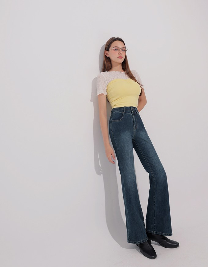 High Waist Double Button Flared Jeans Denim Pants
