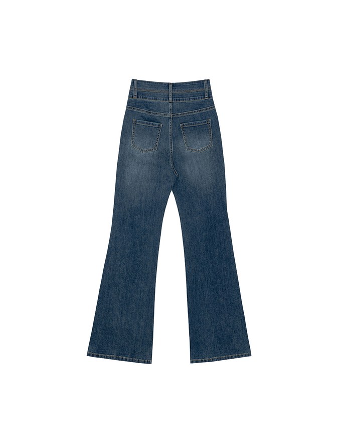 High Waist Double Button Flared Jeans Denim Pants