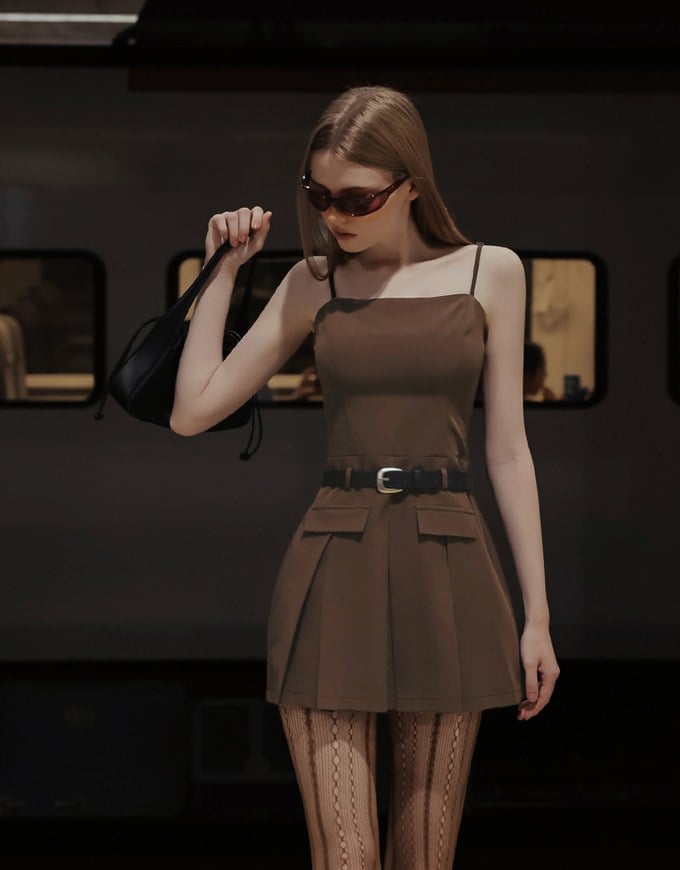 Belted Spaghetti Strap Pocket Pleated Cami Mini Dress