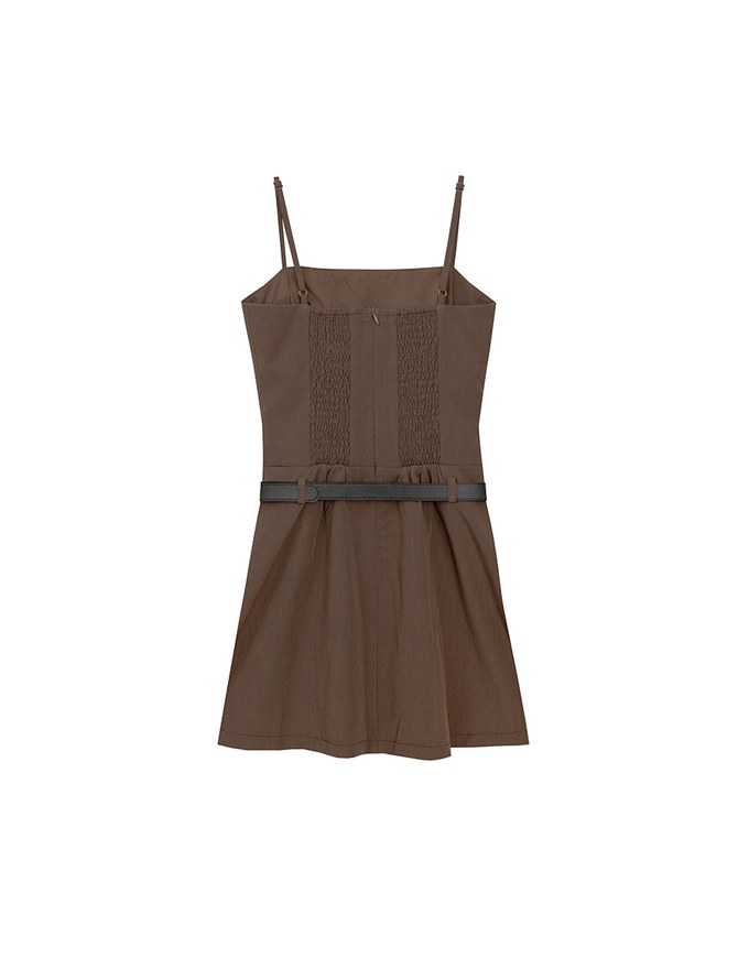 Belted Spaghetti Strap Pocket Pleated Cami Mini Dress