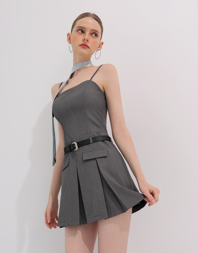 Belted Spaghetti Strap Pocket Pleated Cami Mini Dress