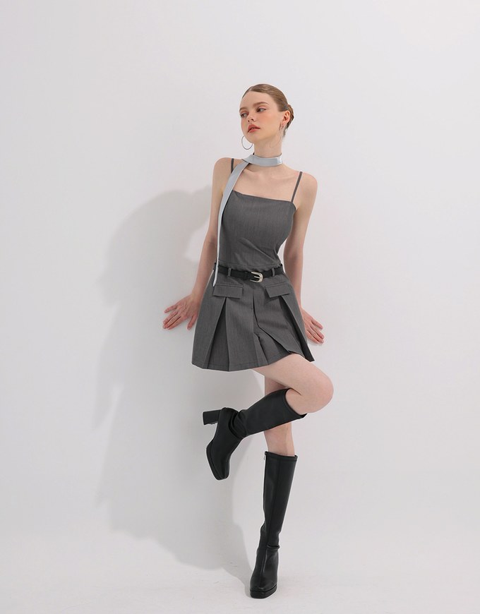 Belted Spaghetti Strap Pocket Pleated Cami Mini Dress