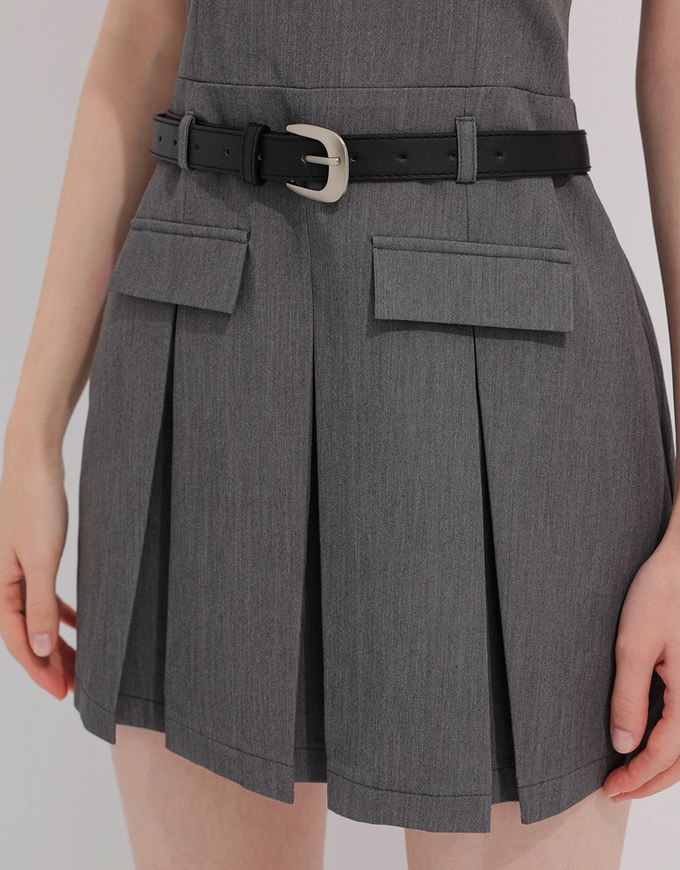 Belted Spaghetti Strap Pocket Pleated Cami Mini Dress