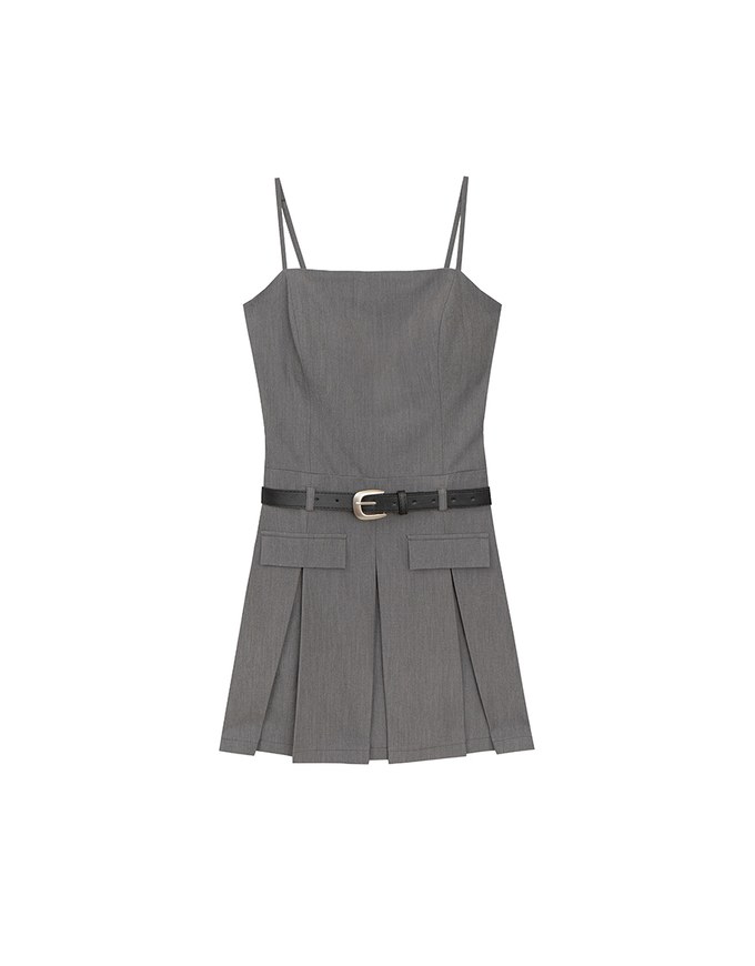Belted Spaghetti Strap Pocket Pleated Cami Mini Dress