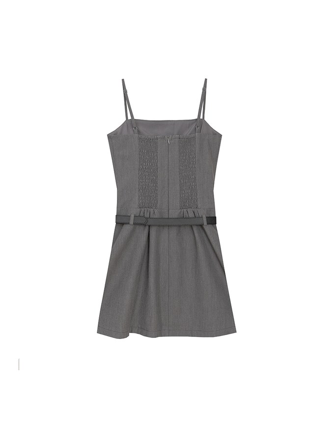 Belted Spaghetti Strap Pocket Pleated Cami Mini Dress