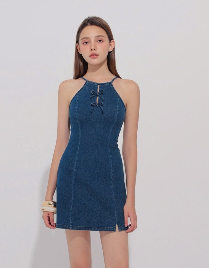Qipao Dress Jeans Denim Cheongsam Qipao Halter Mini Dress with Bow Tie Detail