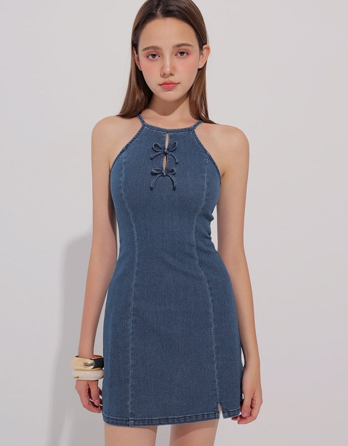 Qipao Dress Jeans Denim Cheongsam Qipao Halter Mini Dress with Bow Tie Detail