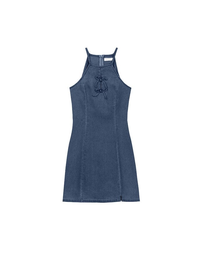 Qipao Dress Jeans Denim Cheongsam Qipao Halter Mini Dress with Bow Tie Detail