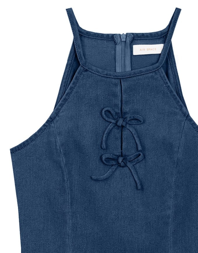 Qipao Dress Jeans Denim Cheongsam Qipao Halter Mini Dress with Bow Tie Detail