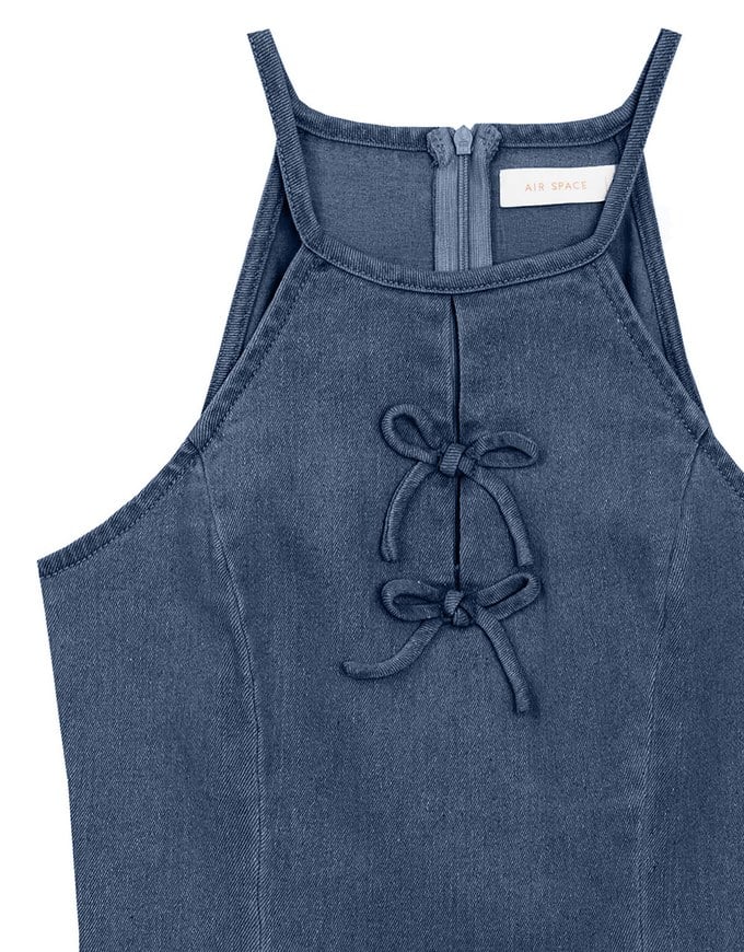Qipao Dress Jeans Denim Cheongsam Qipao Halter Mini Dress with Bow Tie Detail