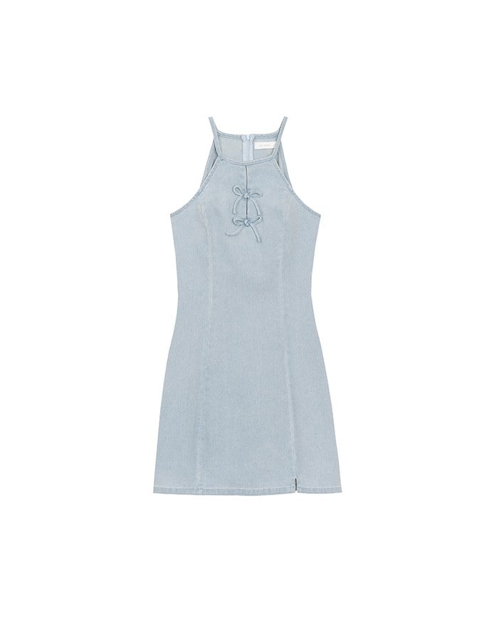 Qipao Dress Jeans Denim Cheongsam Qipao Halter Mini Dress with Bow Tie Detail