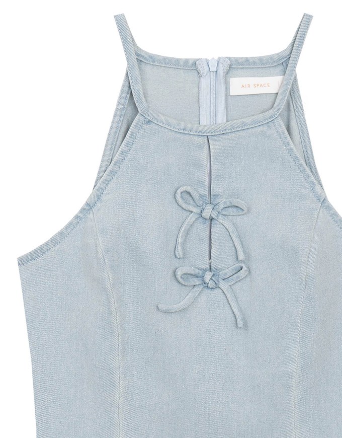 Qipao Dress Jeans Denim Cheongsam Qipao Halter Mini Dress with Bow Tie Detail