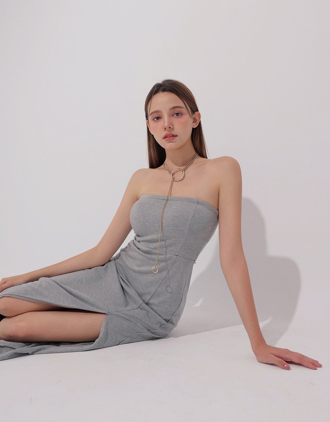 2 Way Strapless Padded Tube Maxi Dress with Zipper Cut Out Waist