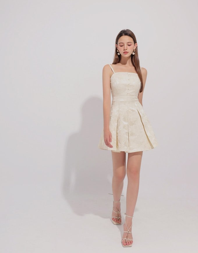 Qipao Dress Floral Jacquard Pleated Cheongsam Qipao Cami Mini Dress with Pearl Button Detail