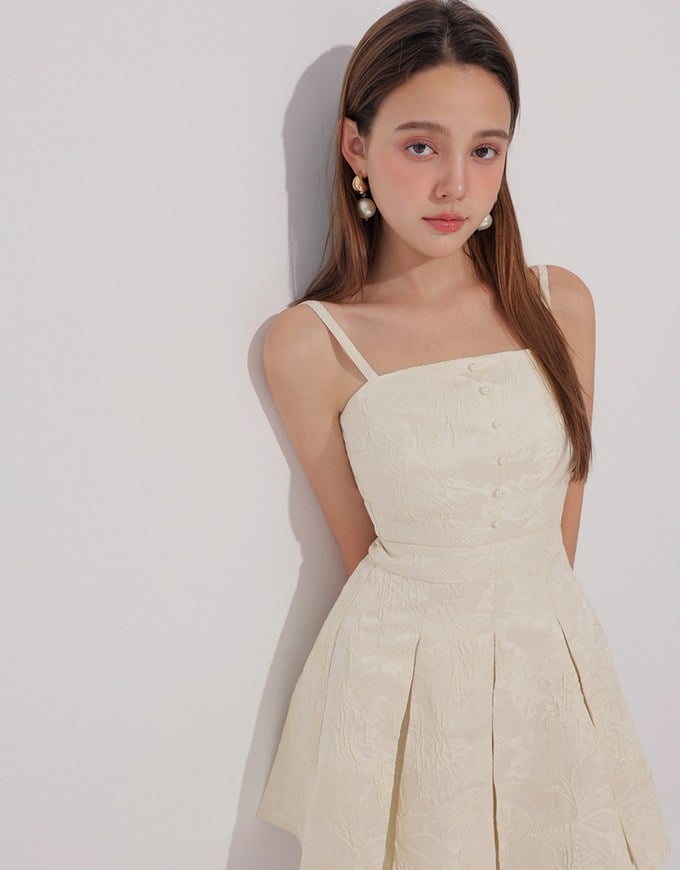 Qipao Dress Floral Jacquard Pleated Cheongsam Qipao Cami Mini Dress with Pearl Button Detail
