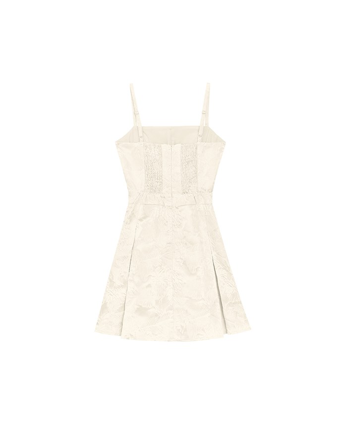 Qipao Dress Floral Jacquard Pleated Cheongsam Qipao Cami Mini Dress with Pearl Button Detail