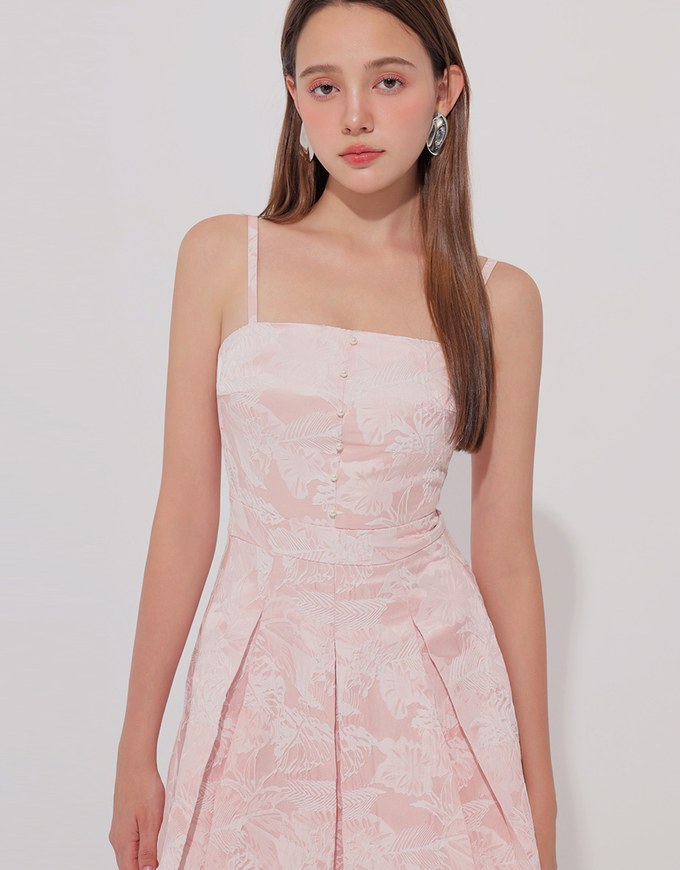 Qipao Dress Floral Jacquard Pleated Cheongsam Qipao Cami Mini Dress with Pearl Button Detail