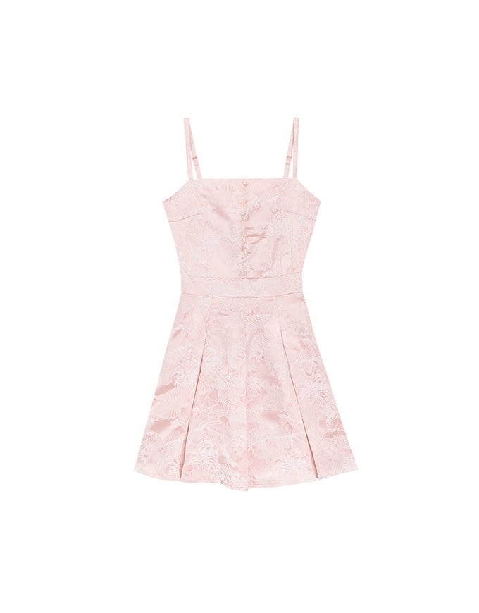 Qipao Dress Floral Jacquard Pleated Cheongsam Qipao Cami Mini Dress with Pearl Button Detail