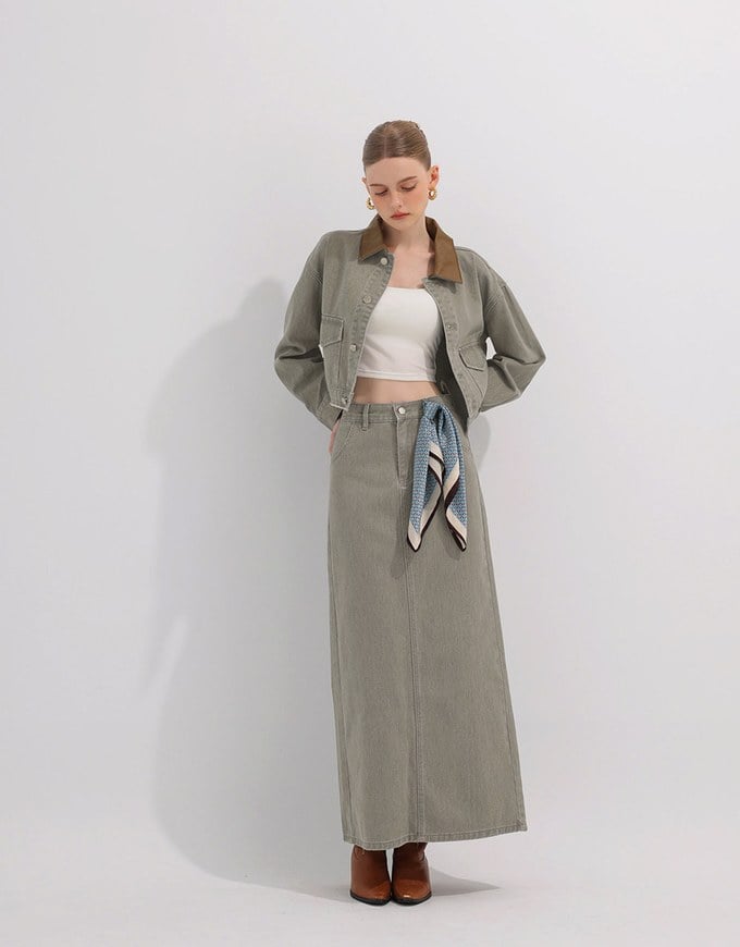 Raw Hem Crop Jeans Denim Jacket with Contrast Collar
