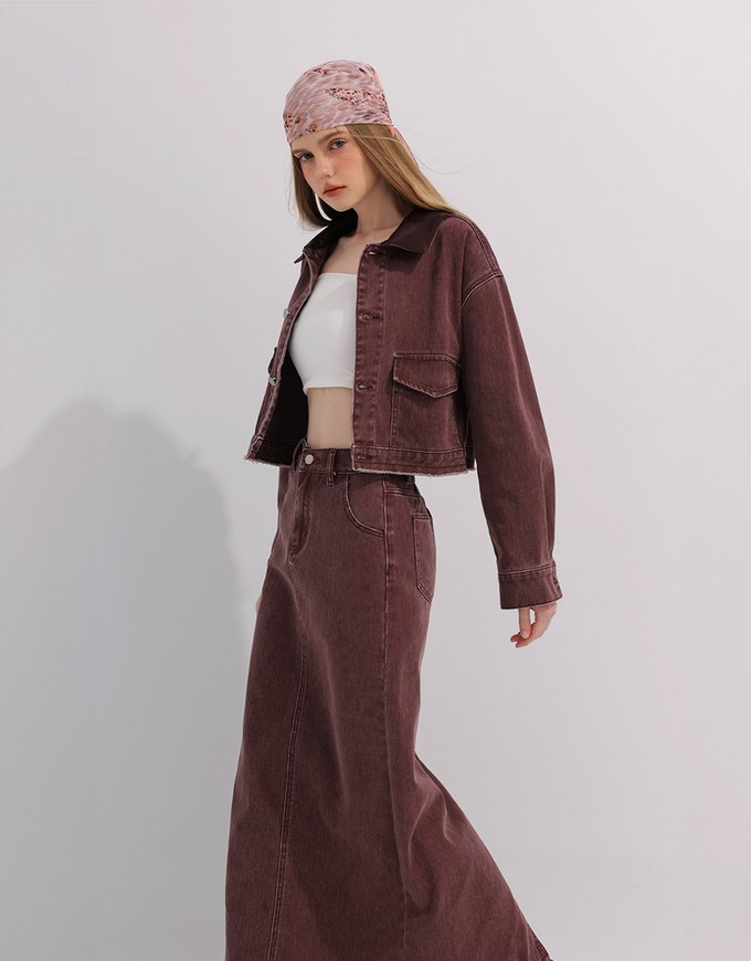 Raw Hem Crop Jeans Denim Jacket with Contrast Collar