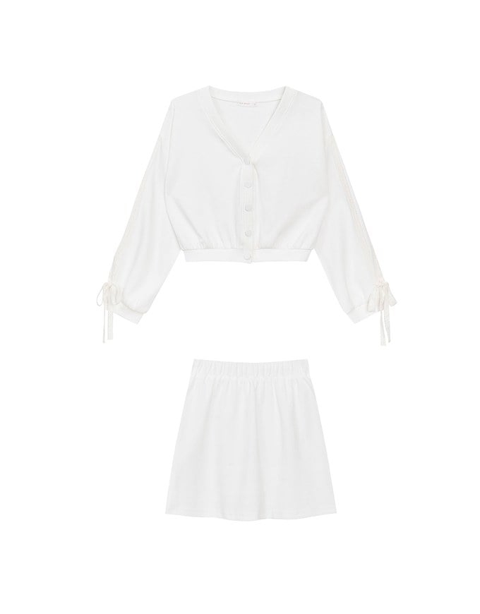 Lace Trim Drawstring Sleeve Cropped Cardigan and Elastic Waist A Line Mini Skirt Set Wear