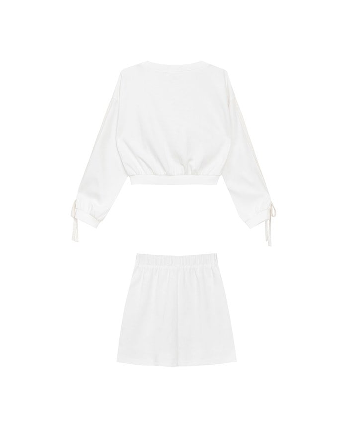 Lace Trim Drawstring Sleeve Cropped Cardigan and Elastic Waist A Line Mini Skirt Set Wear
