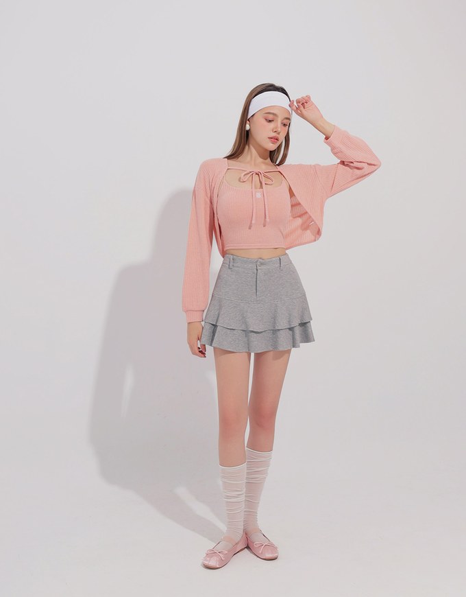 Cropped Knit Tie Front Cardigan with AIR SPACE Logo Embroidered Cami Padded Top Set Wear