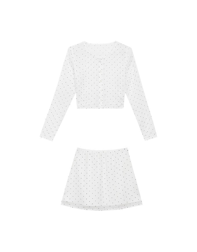 Sheer Mesh Dot Print Cropped Cardigan and Matching Mini Skirt Set Wear