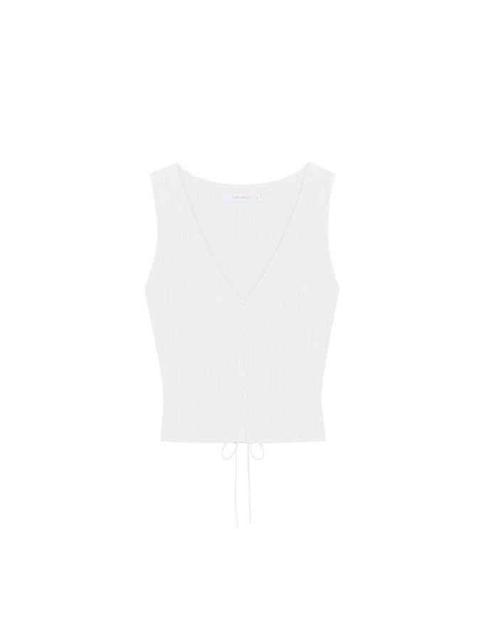 Ribbed Knit V Neck Lace Up Sleeveless Crop Top