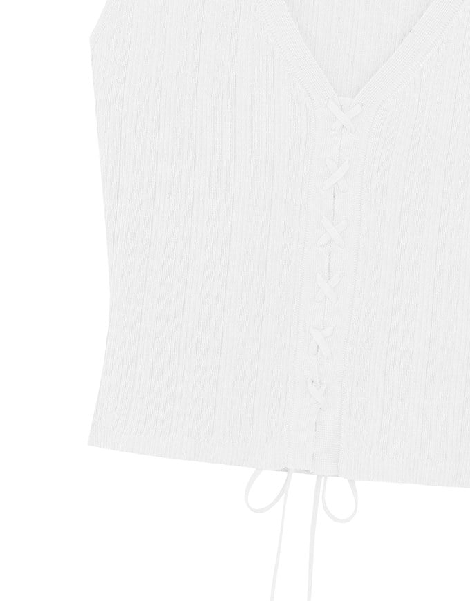 Ribbed Knit V Neck Lace Up Sleeveless Crop Top