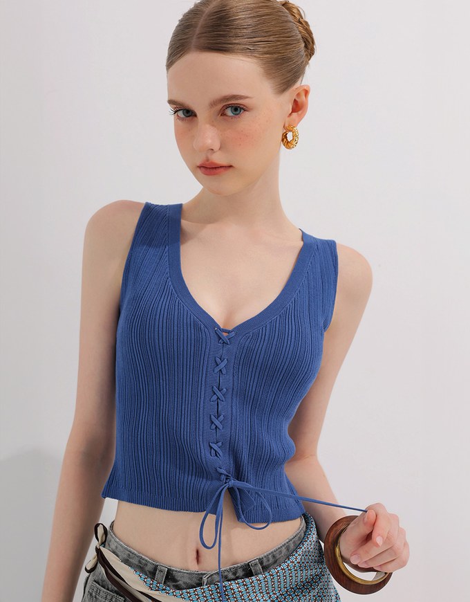 Ribbed Knit V Neck Lace Up Sleeveless Crop Top