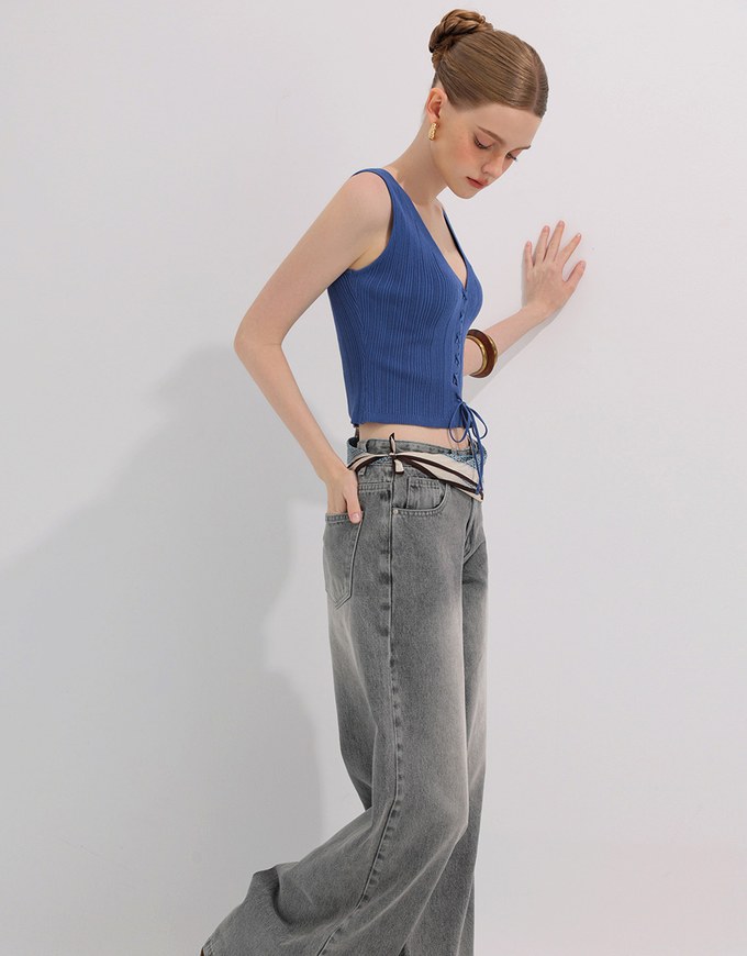 Ribbed Knit V Neck Lace Up Sleeveless Crop Top