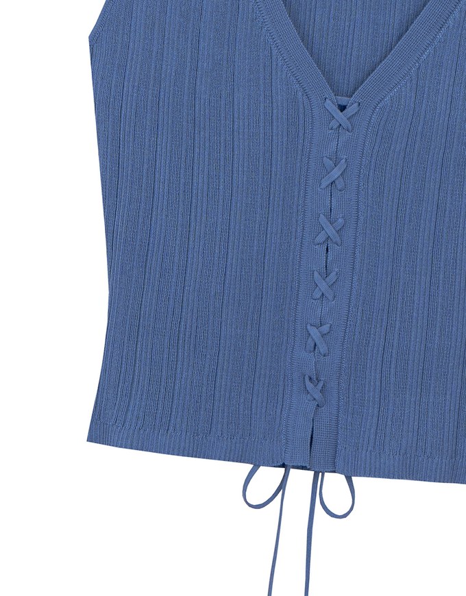 Ribbed Knit V Neck Lace Up Sleeveless Crop Top