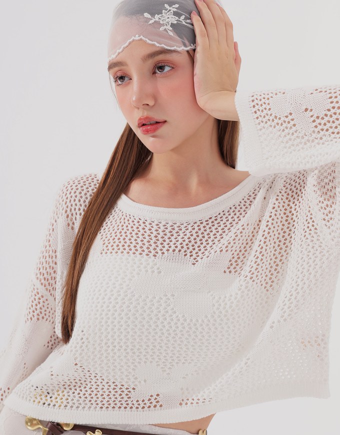 Open Knit Crochet Style Floral Crop Sweater