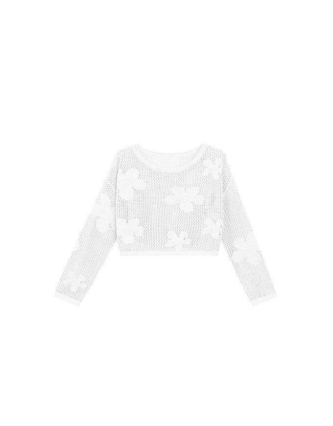 Open Knit Crochet Style Floral Crop Sweater