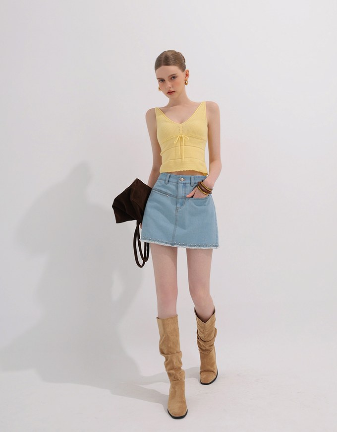Ribbed Knit Sleeveless Crop Crochet Top with Bow