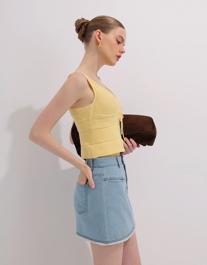 Ribbed Knit Sleeveless Crop Crochet Top with Bow