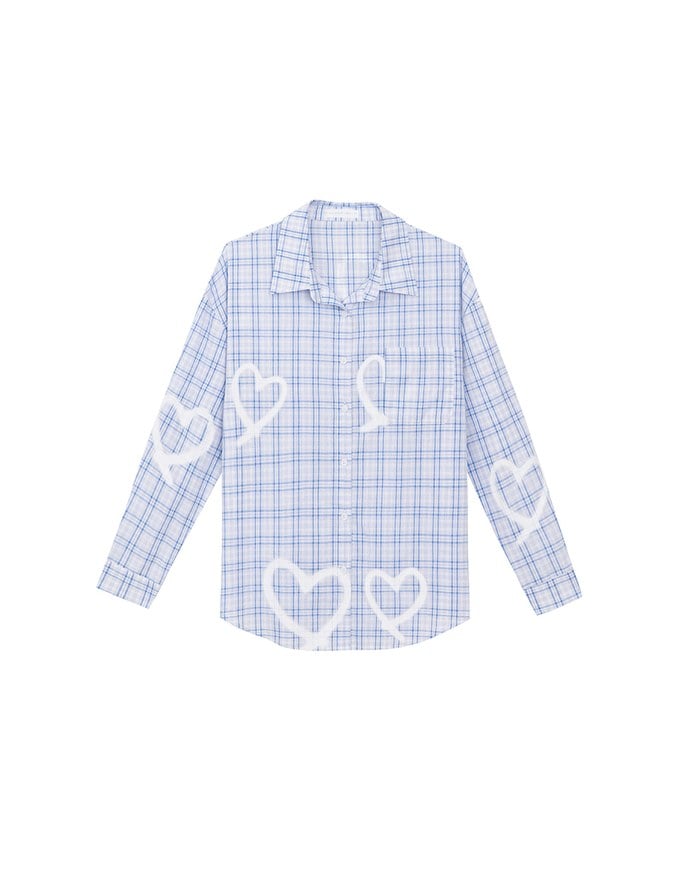 Oversized Graffiti Heart Plaid Long Sleeve Shirt Blouse