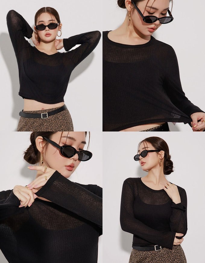 Sheer Knit Crop Long Sleeve Top