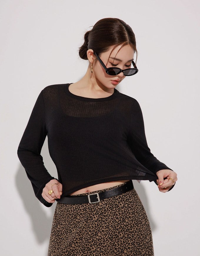 Sheer Knit Crop Long Sleeve Top