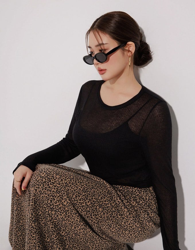 Sheer Knit Crop Long Sleeve Top