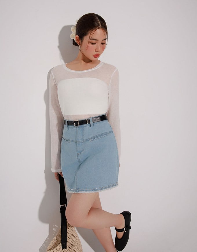 Sheer Knit Crop Long Sleeve Top