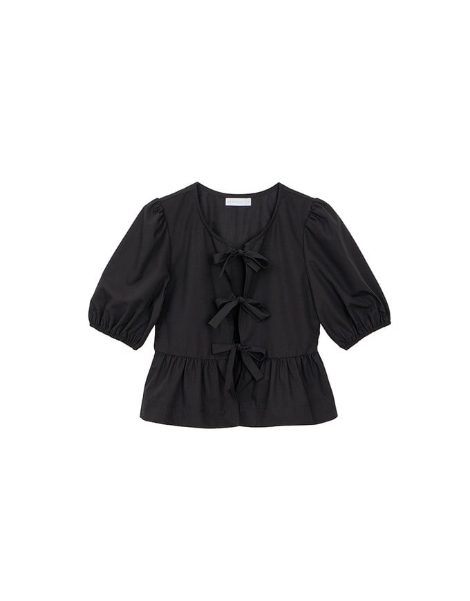 Puff Sleeve Bow Tie Peplum Hem Crop Top