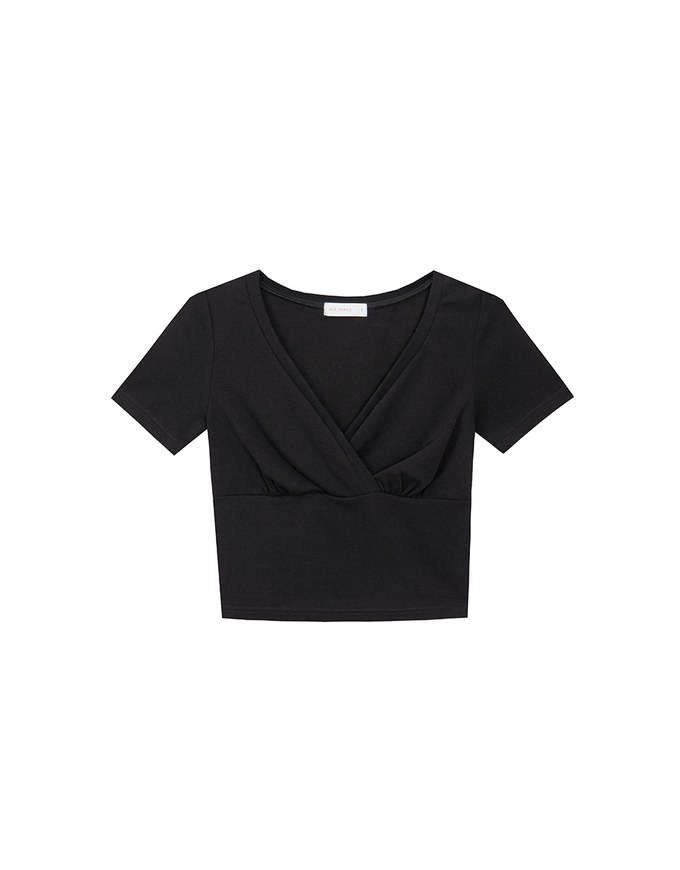 Cross Front Ruched V Neck Short Sleeve Fitted Top