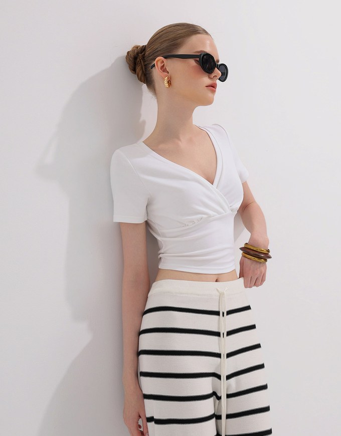 Cross Front Ruched V Neck Short Sleeve Fitted Top