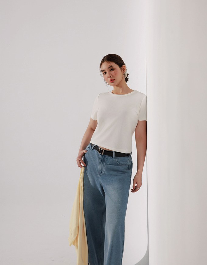 【Stain Resistant】Simple Basic Crew Neck Fitted Crop Tee