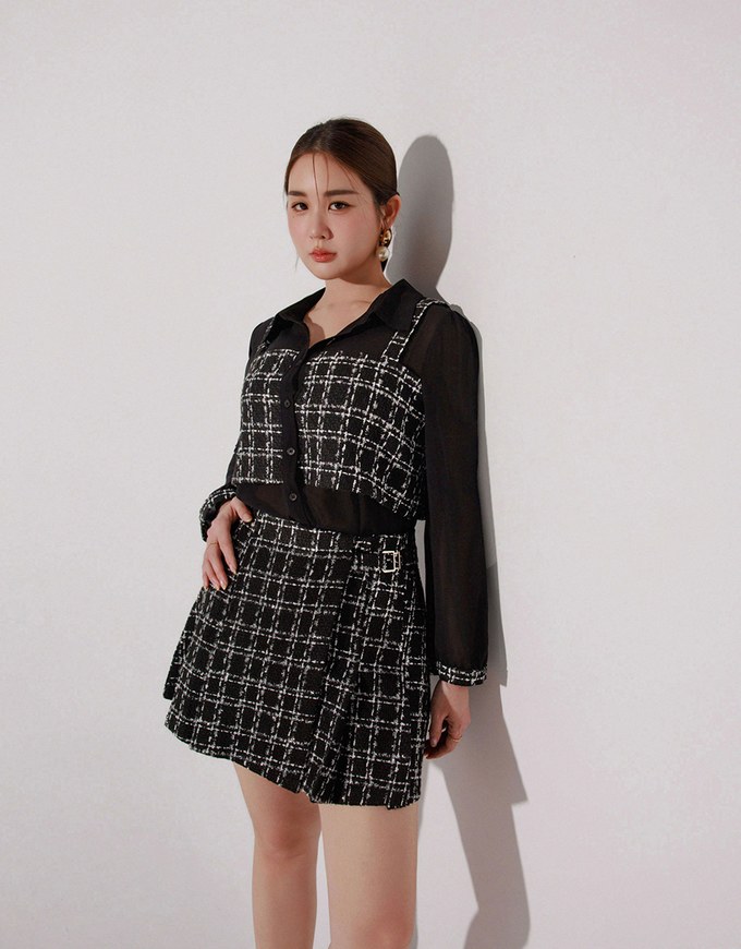 Tweed Style Checkered Panel Layered Button Front Shirt Blouse