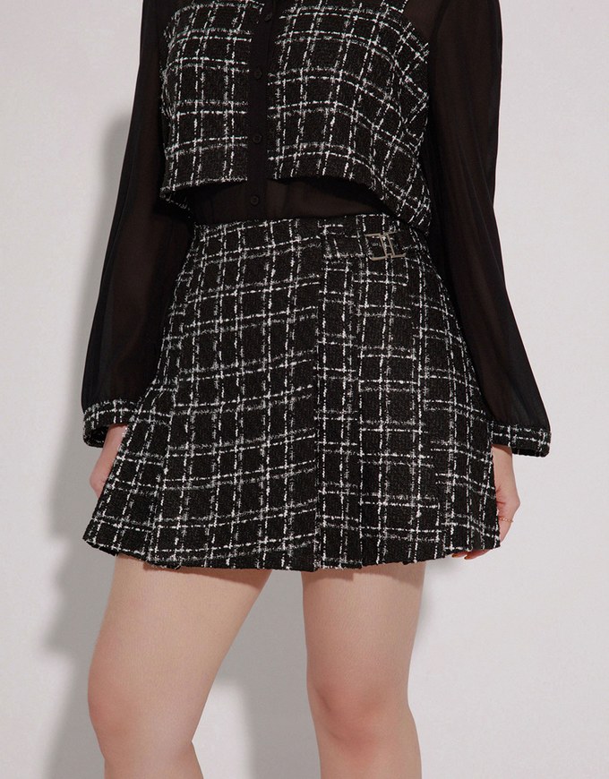 Tweed Style Checkered Panel Layered Button Front Shirt Blouse