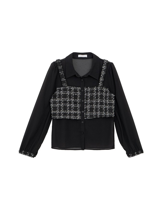 Tweed Style Checkered Panel Layered Button Front Shirt Blouse